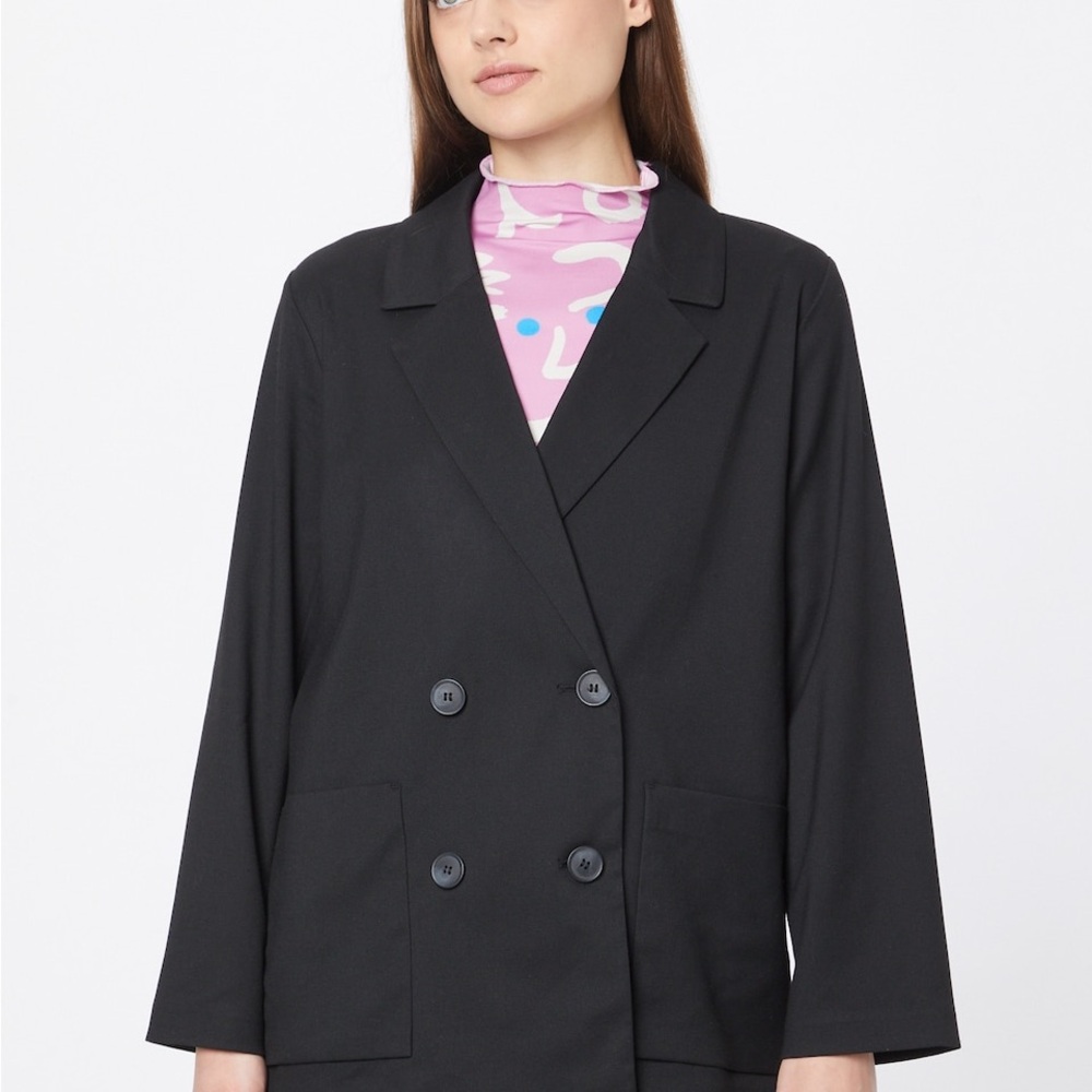 Monki Black Double-Breasted Blazer with Wide Lapel and Relaxed Fit